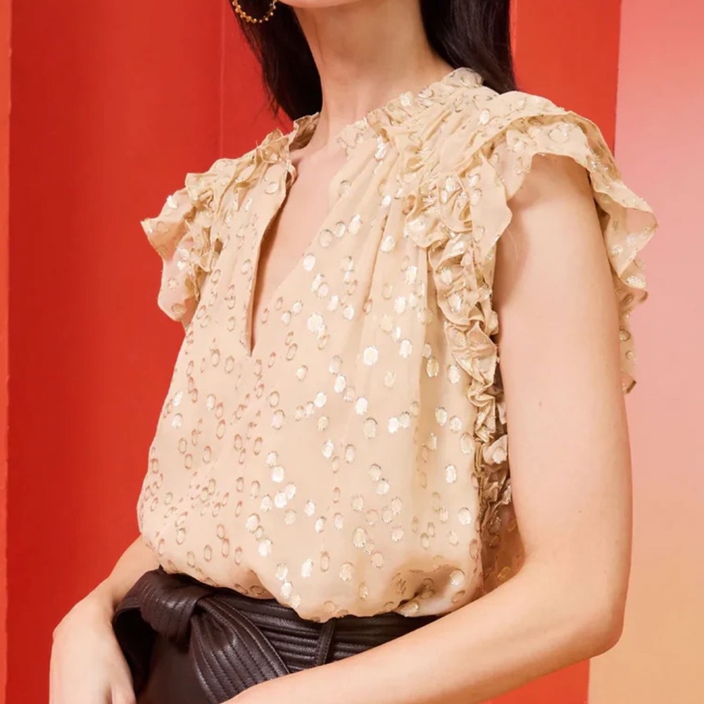 Marie Oliver Tate Metallic Gold Ruffle Sleeveless Blouse Flutter Sleeve …